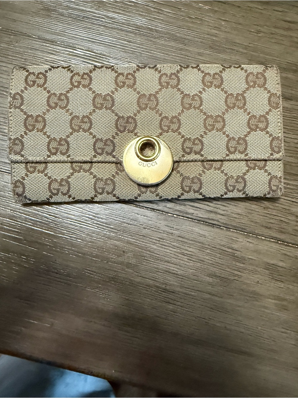 Gucci Beige Monogram Snap Closure Wallet with Gold Accent